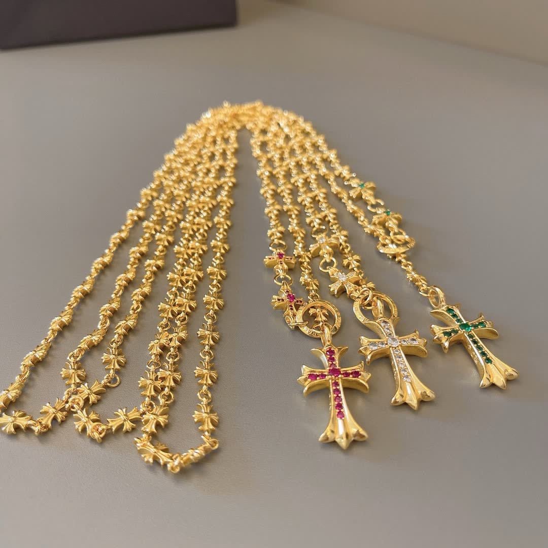 Chrome Hearts Gold Star Chain with Cross Pendants